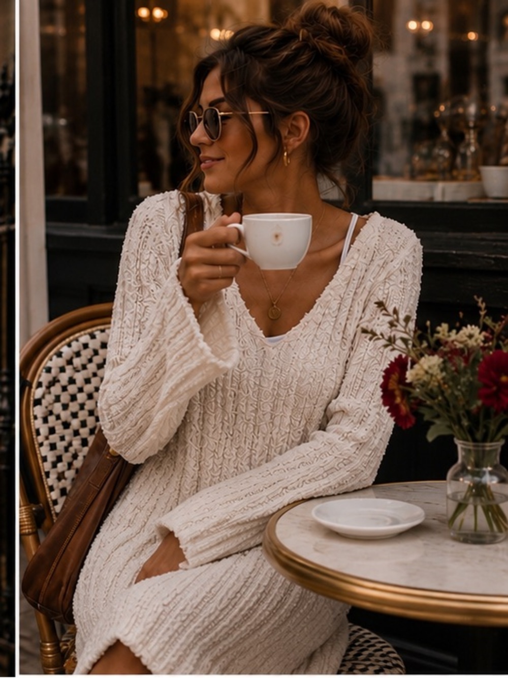 H&M cozy teddy soft knit V-Neck bouclé midi Sweater Dress Cream Belle sleeve M - Picture 3 of 11